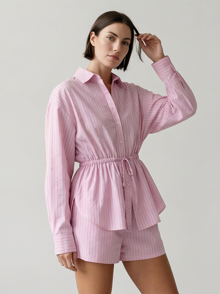 Damen Gestreiftes Loungewear-Set aus Leichtbaumwolle mit Kordel-Taille & Shorts Echoarchiv