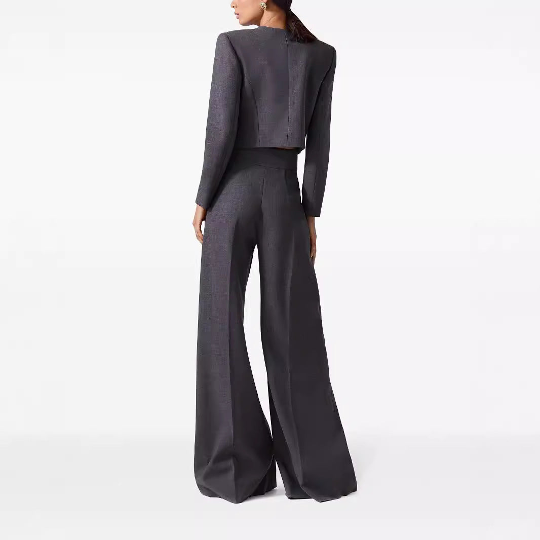 Damen Zweiteiliger Tailoring-Anzug Kurzblazer mit markanter Schulter und hochtaillierter Palazzohose Echoarchiv