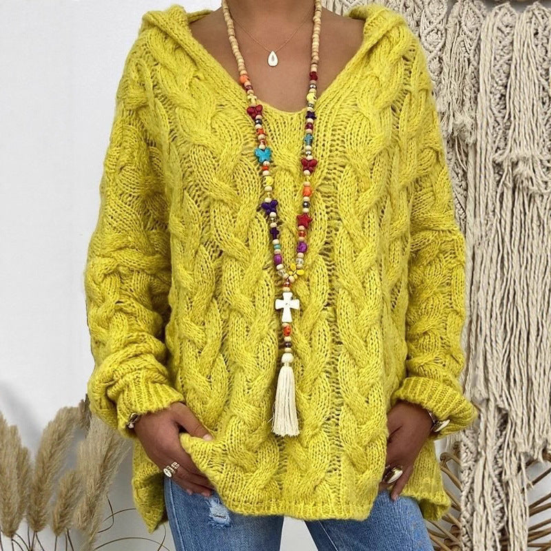 Damen Oversized Zopfmuster-Strickpullover mit Kapuze und lässigem V‑Ausschnitt Echo Archiv