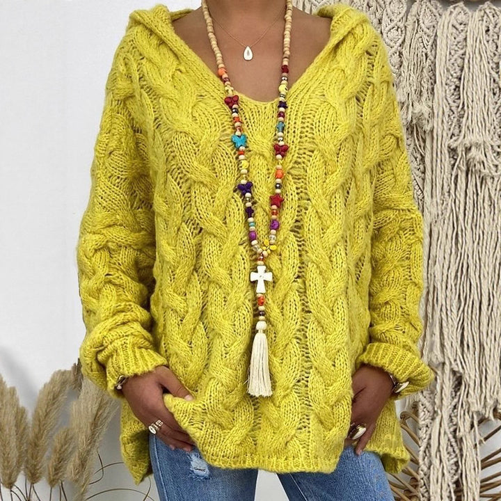 Damen Oversized Zopfmuster-Strickpullover mit Kapuze und lässigem V‑Ausschnitt Echo Archiv