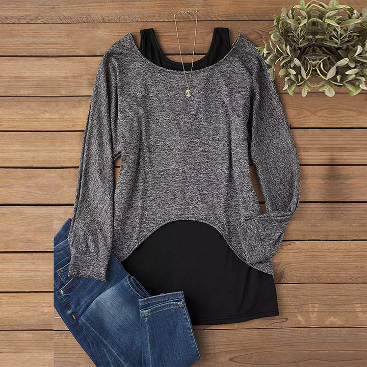 Damen Lässiger schulterfreier Feinstrickpullover mit Lagenoptik und asymmetrischem Saum – Avérine