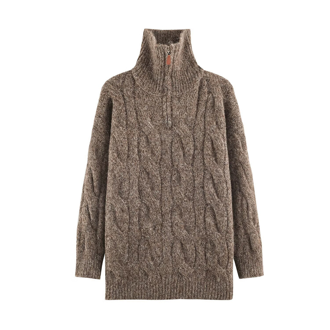 Damen Grobgestrickter Longpullover mit Zopfmuster und halbhohem Reißverschlusskragen Echoarchiv