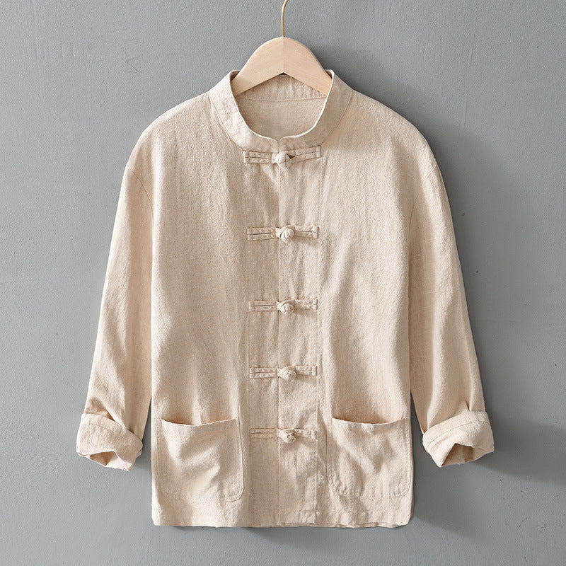 Herren nan leichte Leinenjacke im traditionellen chinesischen Stil mit Stehkragen und Knotenverschlüssen Echo Archiv