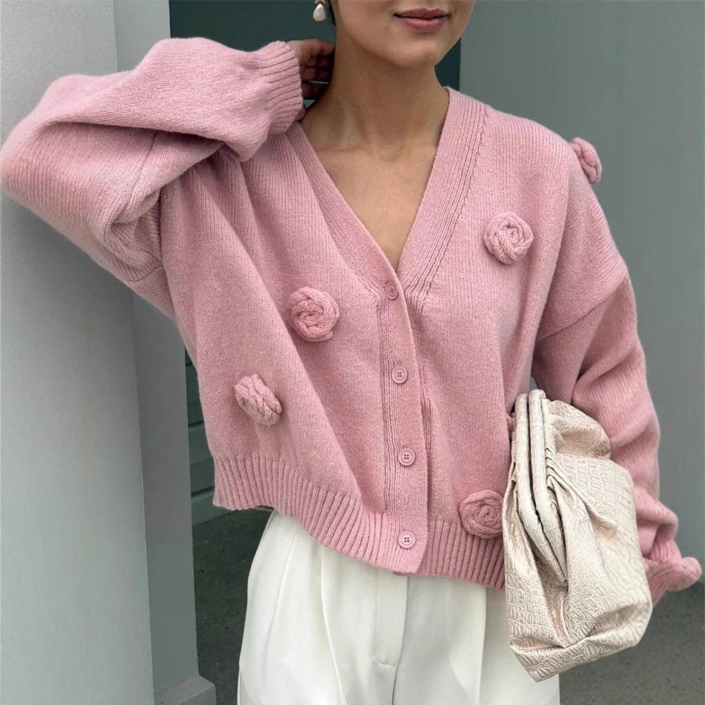 Damen Oversize-Strickcardigan mit dreidimensionalen Rosenapplikationen und V-Ausschnitt Echoarchiv