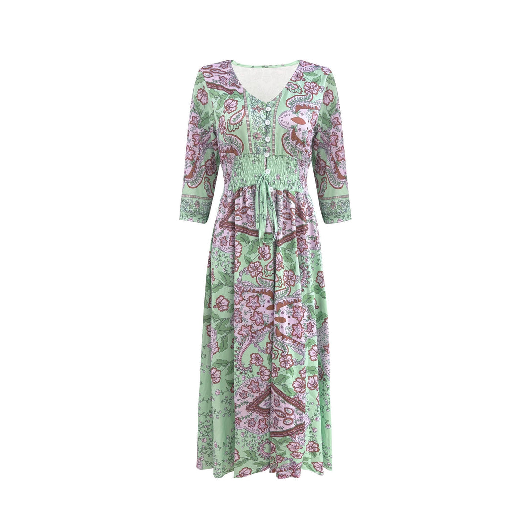 Damen Boho-Maxikleid mit V-Ausschnitt, Knopfleiste und Smokbund Echoarchiv