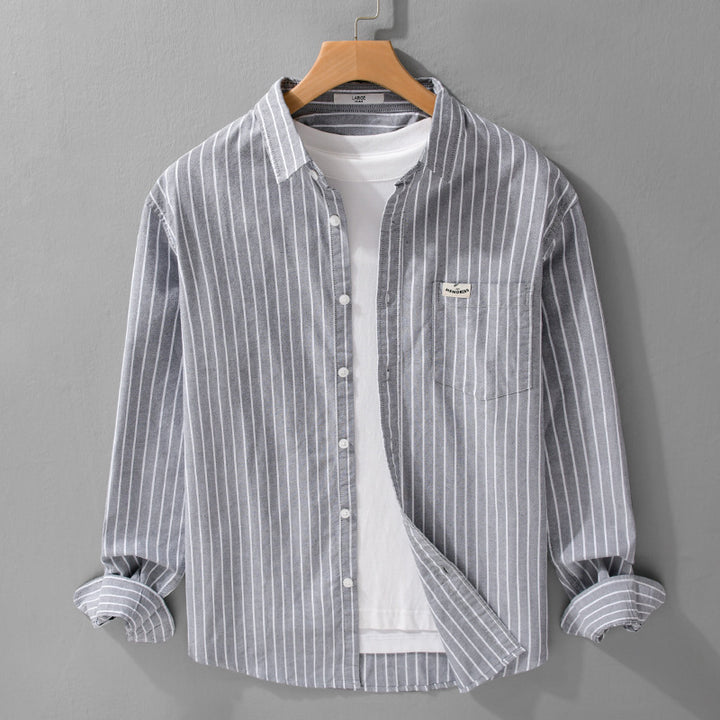Herren Gestreiftes Layering-Overshirt aus softem Baumwollmix mit Kentkragen und aufgesetzter Brusttasche Echoarchiv