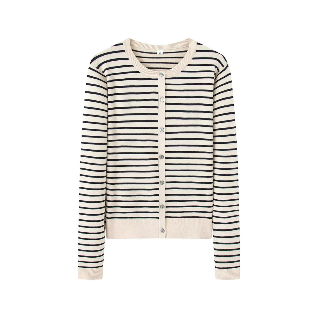 Damen gestreifte Feinstrick-Cardigan mit Rundhalsausschnitt und durchgehender Knopfleiste – Veloura