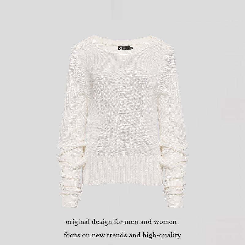 Damen Leichter Feinstrick-Pullover mit überschnittenen Schultern und langen Raffärmeln Echoarchiv