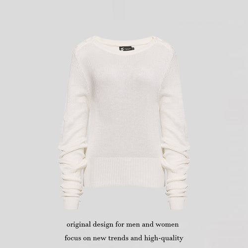 Damen Leichter Feinstrick-Pullover mit überschnittenen Schultern und langen Raffärmeln Echoarchiv
