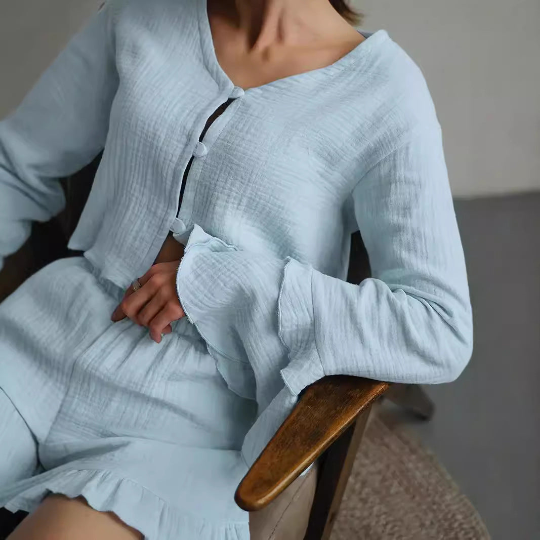 Damen Zweiteiliges Crinkle-Lounge-Set mit Volant-Shorts und gestuften Trompetenärmeln Echo Archiv