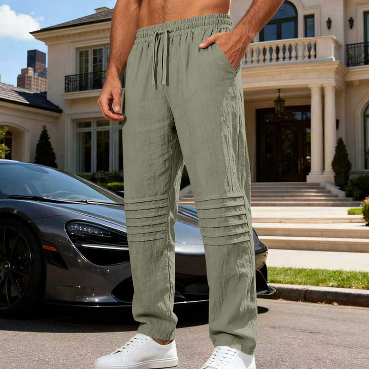 Herren Leinenoptik-Loungehose mit Tunnelzug elastischem Bund und abgesteppten Kniepanelen – Sorevano