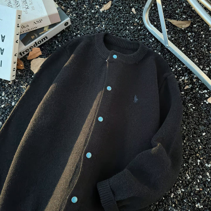 Unisex Oversize-Strickjacke mit Druckknopfleiste, geripptem Saum und Melange-Optik Echoarchiv