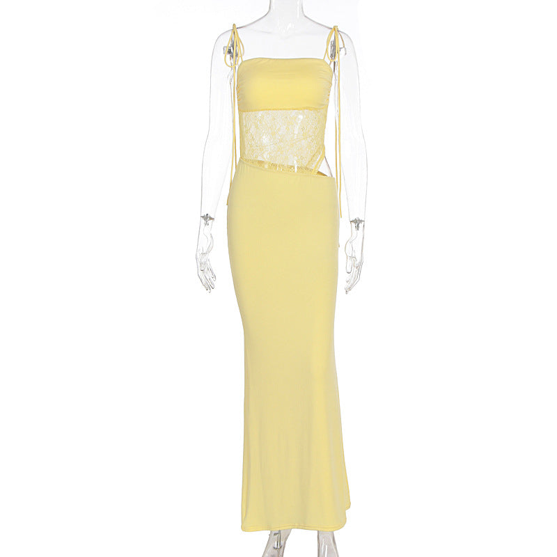 Damen elegantes langes Kleid mit raffiniertem Spitzenoberteil und verstellbaren Trägern Echo Archiv