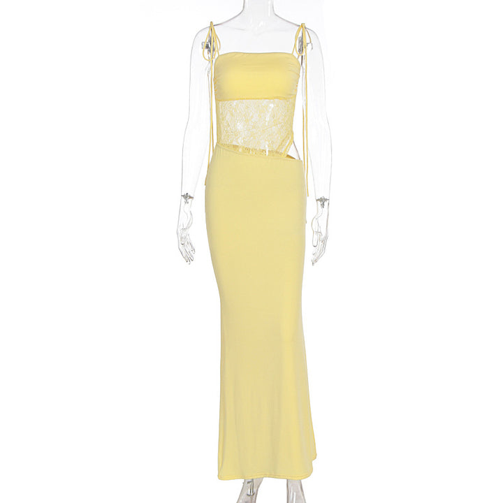 Damen elegantes langes Kleid mit raffiniertem Spitzenoberteil und verstellbaren Trägern Echo Archiv