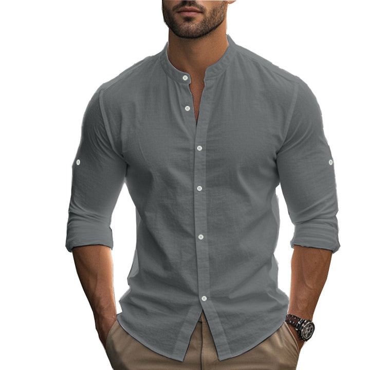 Herren Langarm-Hemd mit modernem Henley-Kragen und kontrastierenden Knopfdetails Echoarchiv