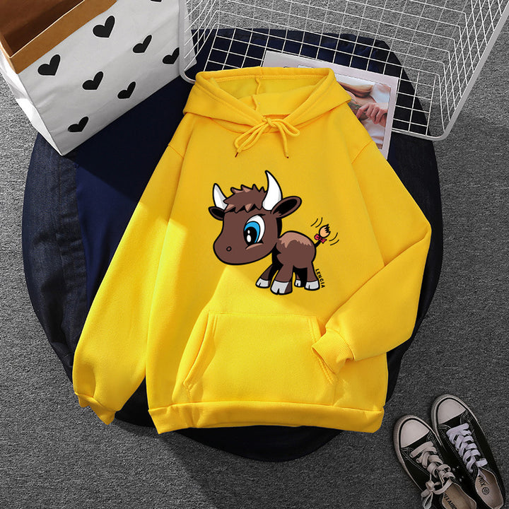 Damen Kapuzenpullover mit charmantem Stier-Karikaturprint, Kängurutasche und entspanntem Oversize-Schnitt – Auréline