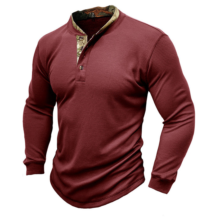 Herren modisches Langarm-Henley-Shirt mit strukturiertem Design und eleganter Knopfleiste Echoarchiv