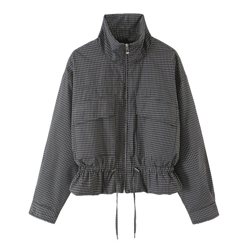 Damen karierte, funktionale Übergangsjacke mit Stehkragen und Tunnelzug Echo Archiv