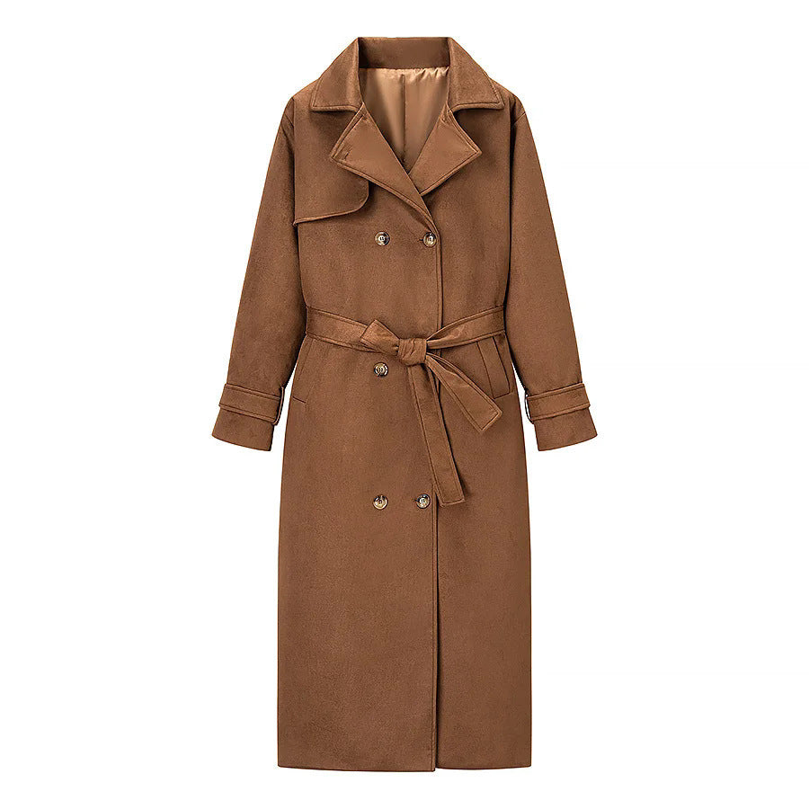 Damen langer Mantel im Trenchcoat Stil mit Doppelreiher Bindegürtel und Schalkragen – Montévia
