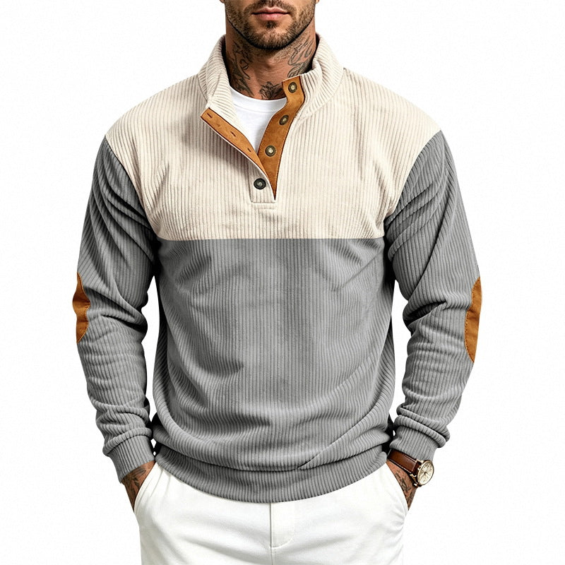 Herren Strukturierter Troyer-Pullover mit Stehkragen, Druckknopfleiste und Ellbogen‑Patches Echoarchiv