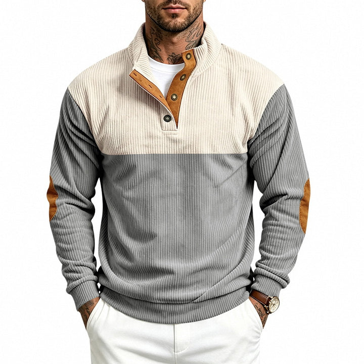 Herren Strukturierter Troyer-Pullover mit Stehkragen, Druckknopfleiste und Ellbogen‑Patches Echoarchiv