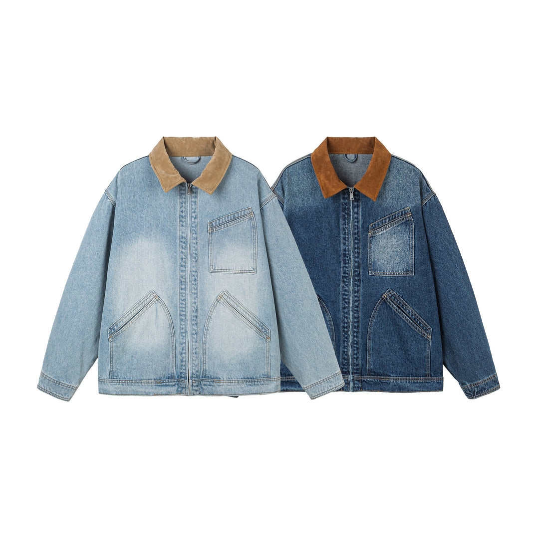 Damen Oversize-Denimjacke mit Velourslederkragen, verdecktem Reißverschluss und markanten Einstecktaschen Echoarchiv