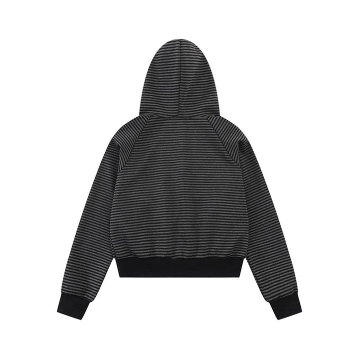 Damen gestreifte Kapuzen-Sweatjacke im Marine‑Look mit Doppelreiher‑Optik und Frontreißverschluss Echoarchiv