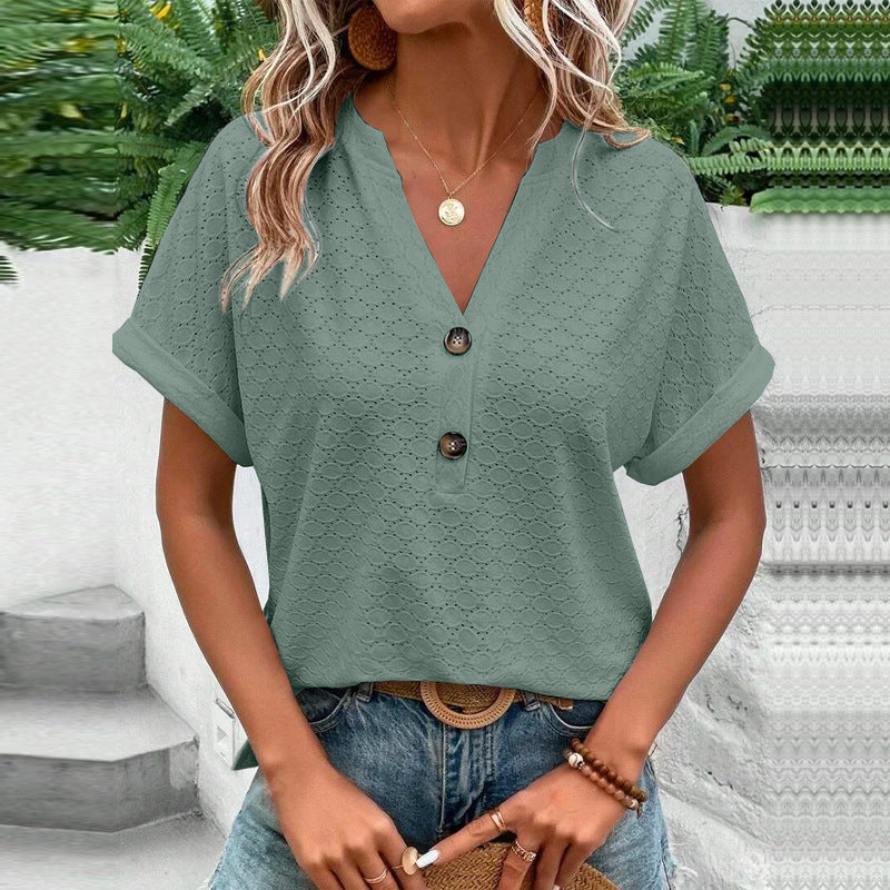 Damen Luftiges Kurzarm-Oberteil mit strukturiertem Design und Knopfdetails Echo Archiv