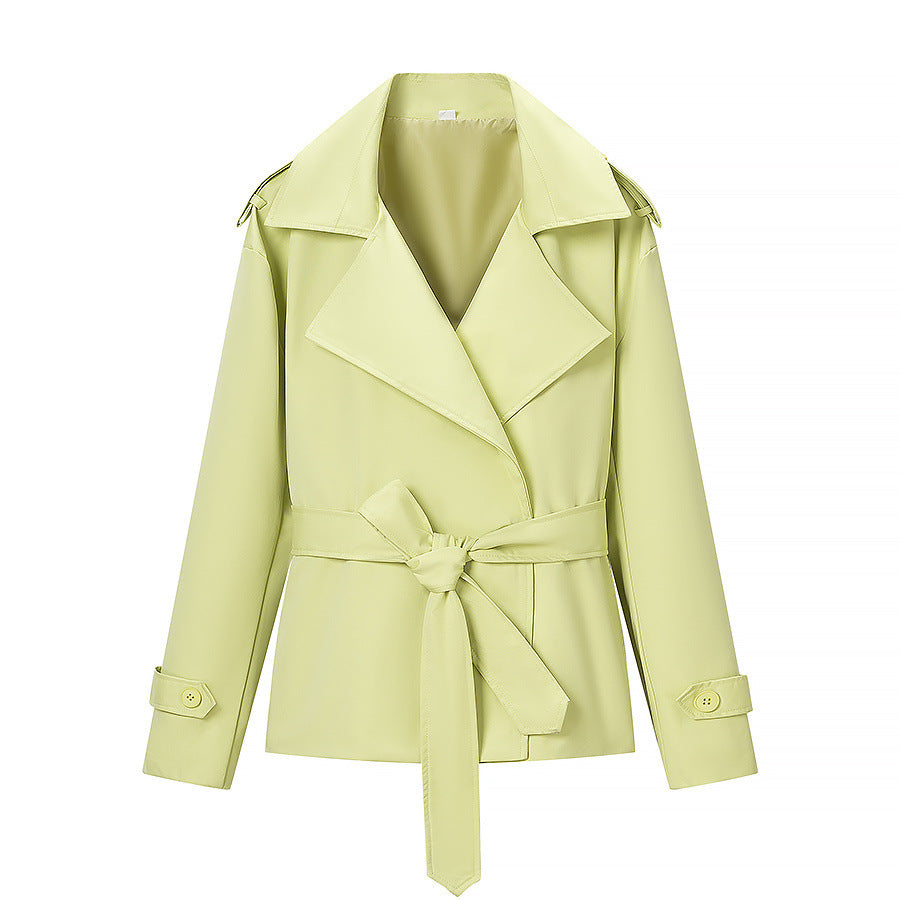 Damen Taillierter kurzer Trenchcoat mit Bindegürtel und Epauletten Echoarchiv