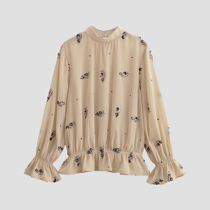 Damen Chiffonbluse mit floraler Pailletten-Stickerei, Stehkragen und geraffter Taillenpasse Echoarchiv