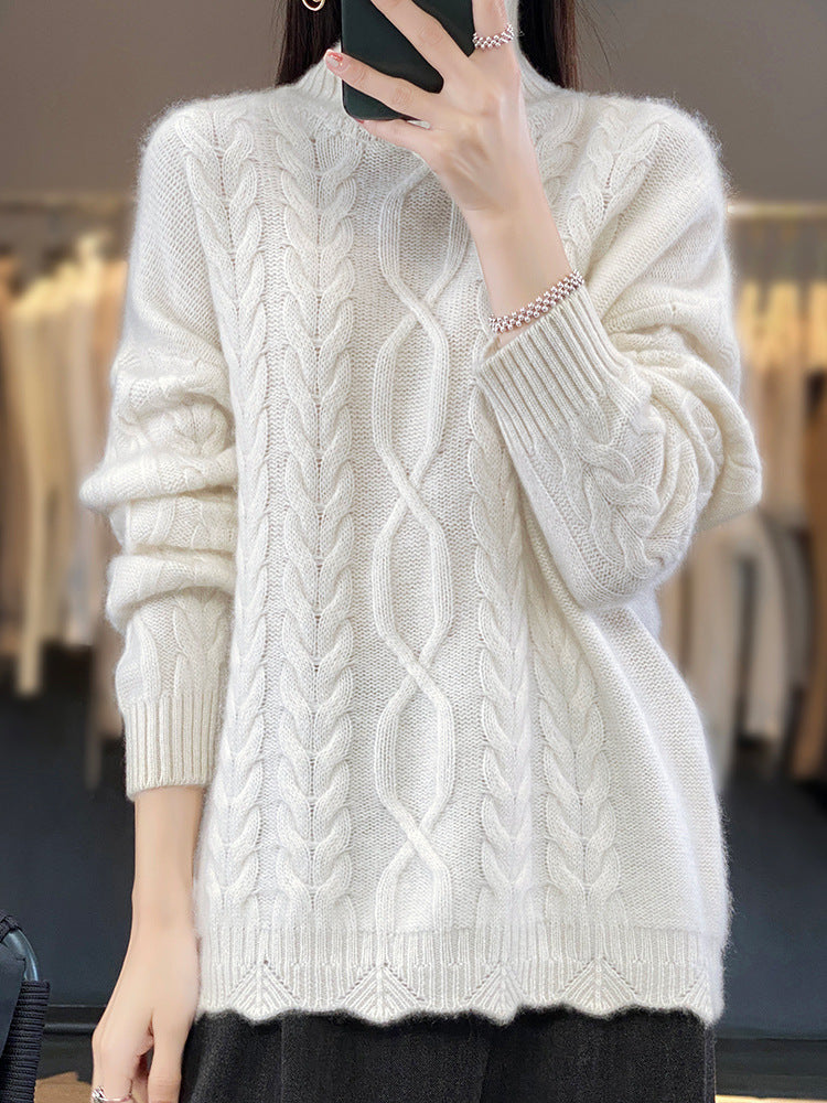 Damen Oversize-Zopfmuster-Pullover mit Mohair-Optik und gerippten Bündchen Echoarchiv