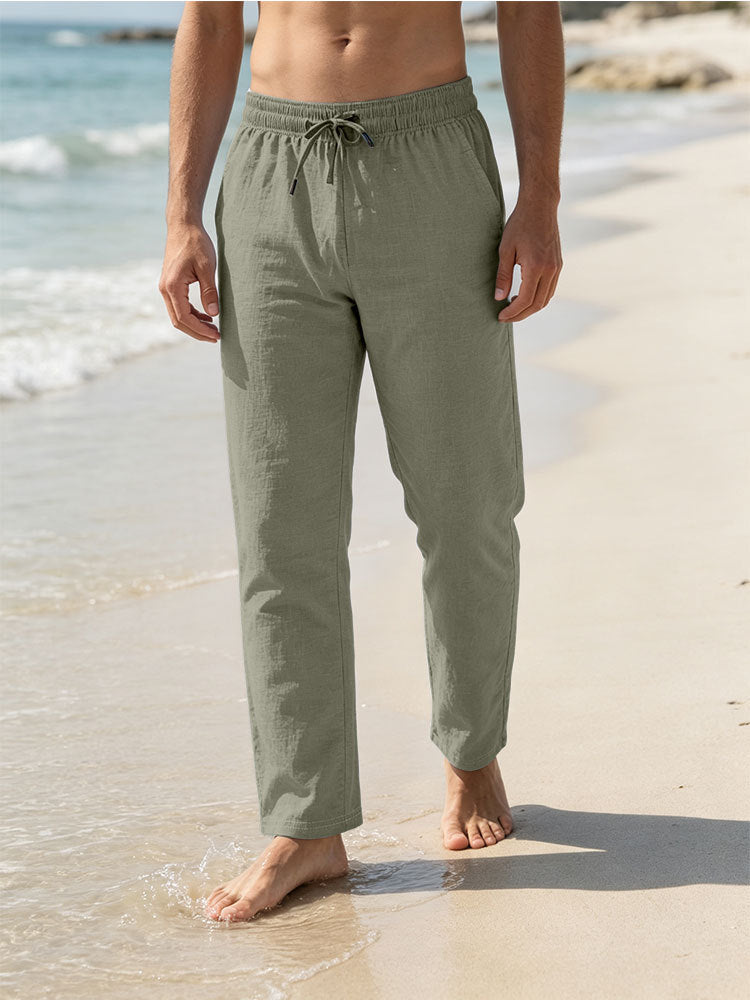 Herren Leichte Leinen-Baumwoll-Hose mit Tunnelzug, elastischem Bund und geradem Schnitt Echoarchiv