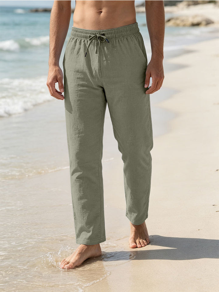 Herren Leichte Leinen-Baumwoll-Hose mit Tunnelzug, elastischem Bund und geradem Schnitt Echoarchiv