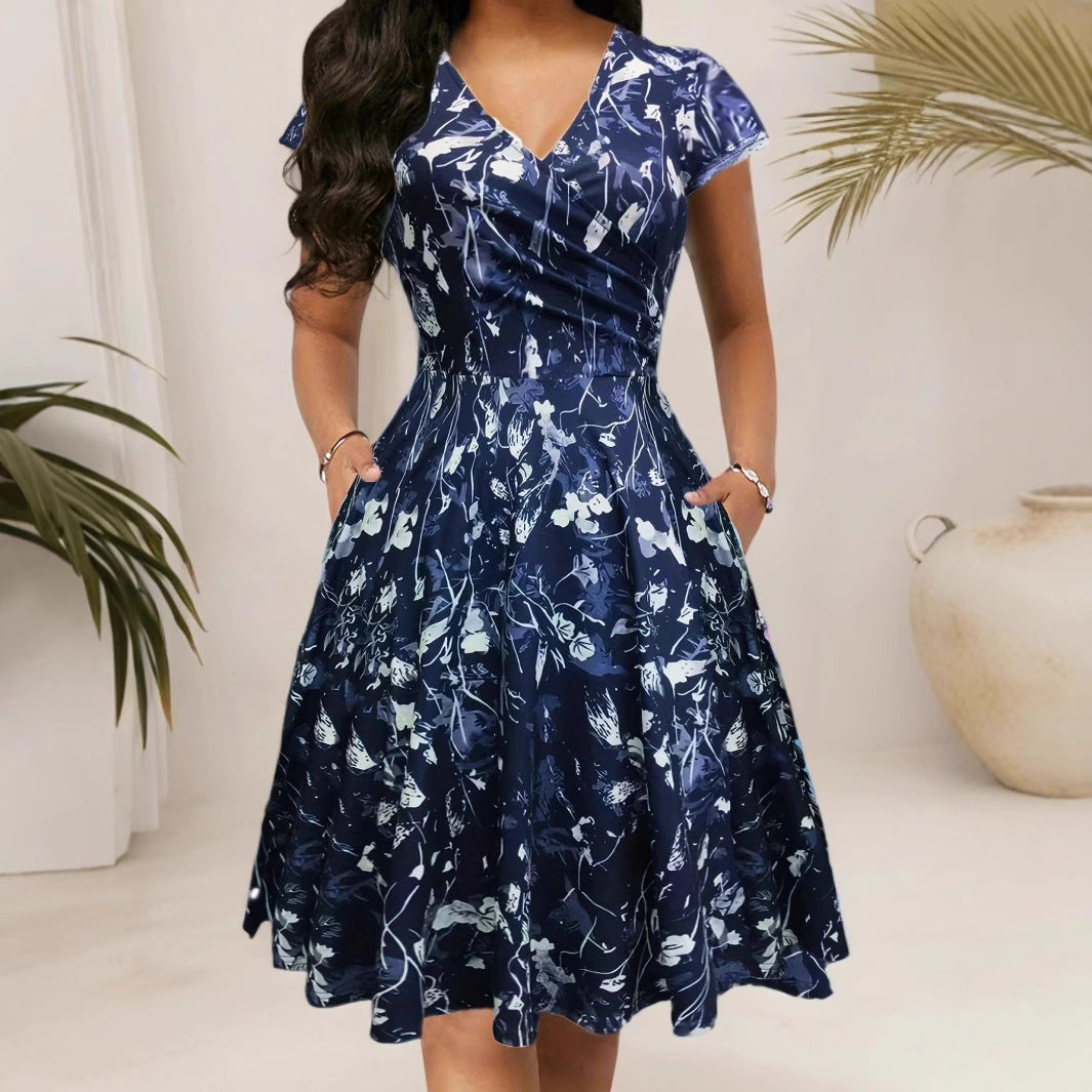 Damen Blumenkleid mit V-Ausschnitt und Taschen Echoarchiv