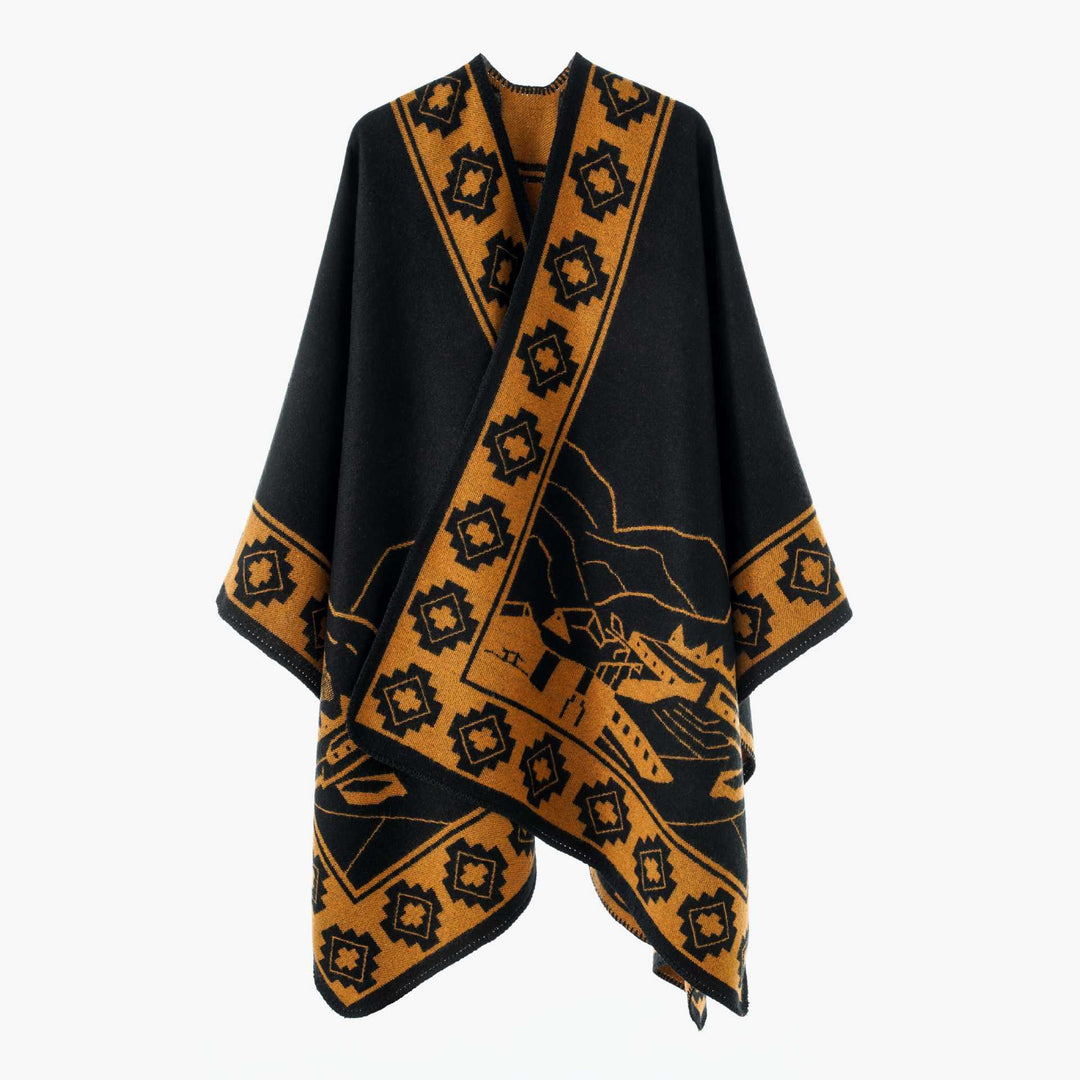 Damen Jacquard‑Strickponcho mit offenem Fall und Bordüren‑Detail Echo Archiv