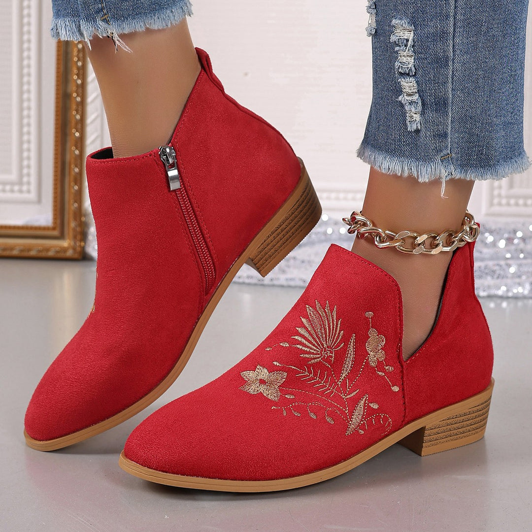 Damen Gestickte Ankle-Boots mit V-Cut und seitlichem Reißverschluss Echoarchiv
