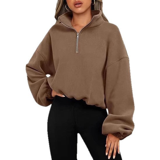 Damen nan kurz geschnittenes Halbzip-Sweatshirt mit hohem Stehkragen, Ballonärmeln und elastischem Saum Echo Archiv