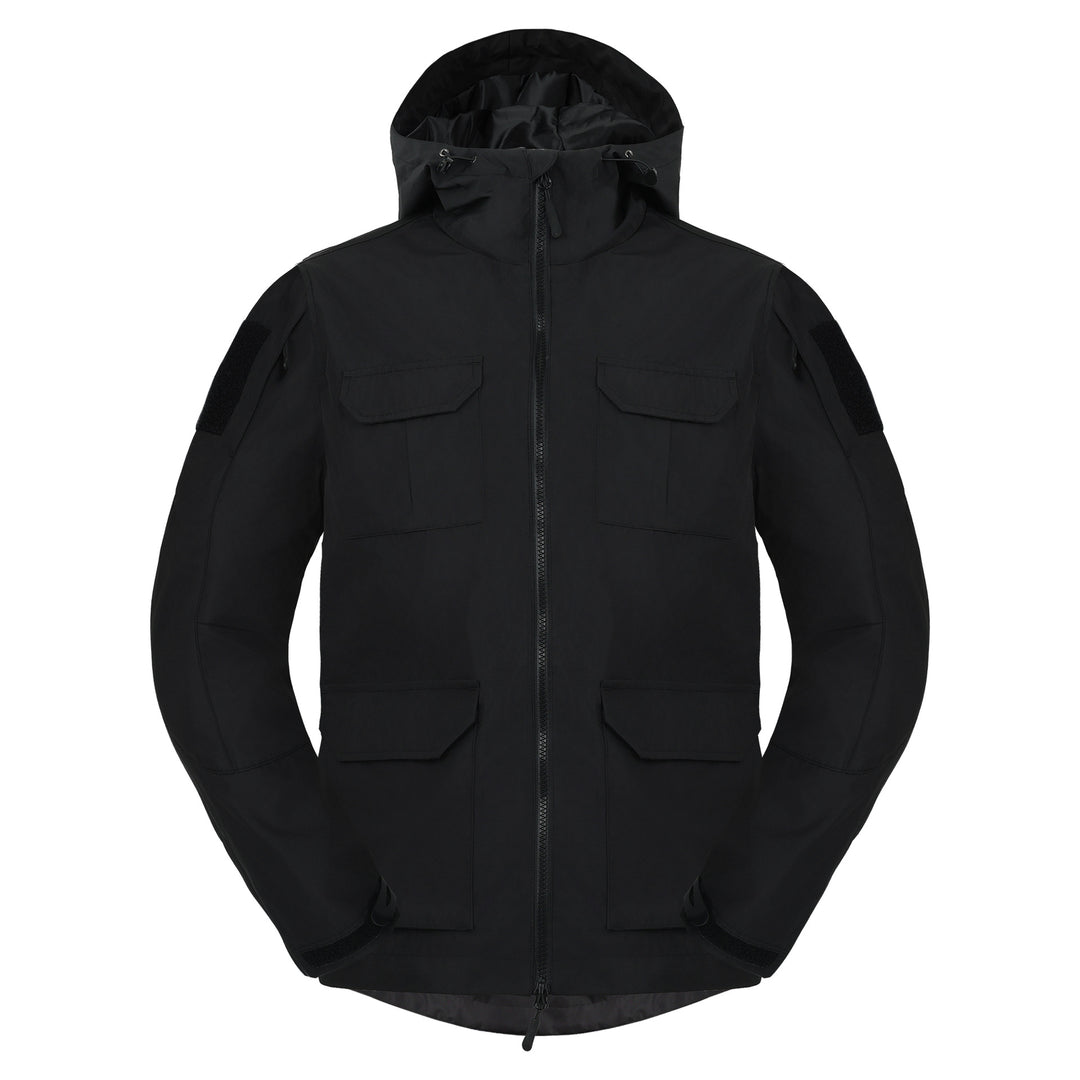 Men's weatherproof hooded utility parka with flap chest pockets and sleeve patch panels – Cavarno