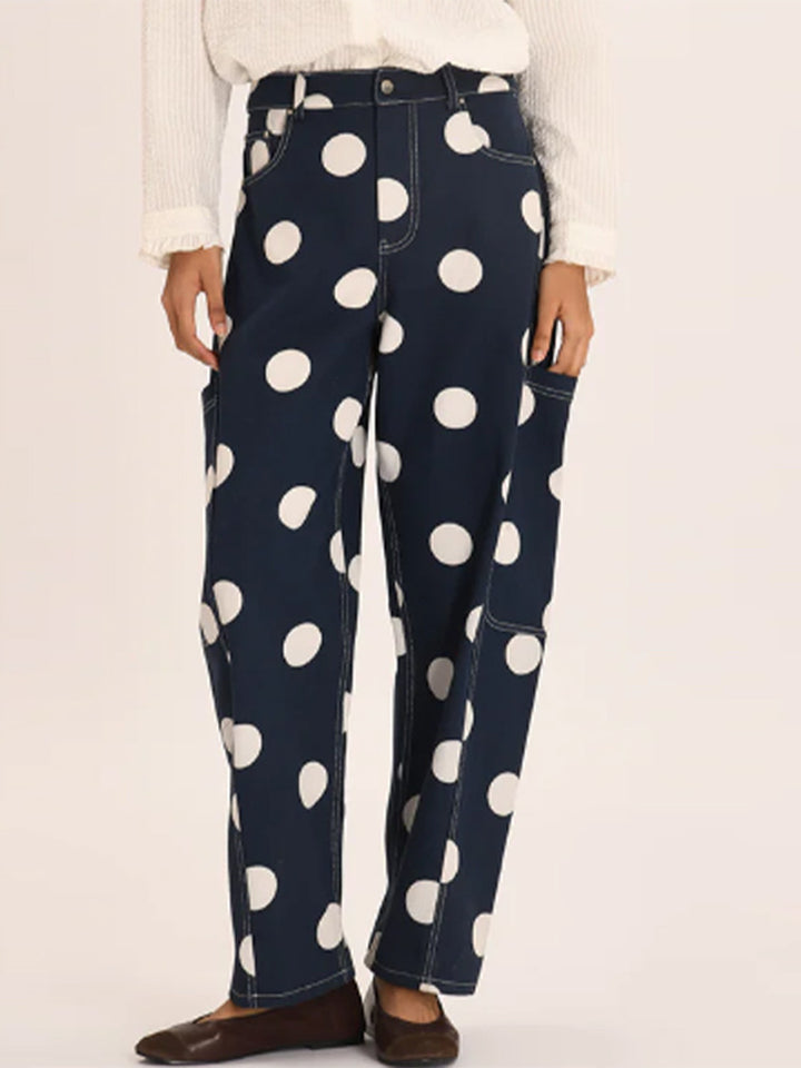 Damen weite Cargo-Hose mit hoher Taille, Punkteprint und sichtbaren Kontrastnähten Echoarchiv