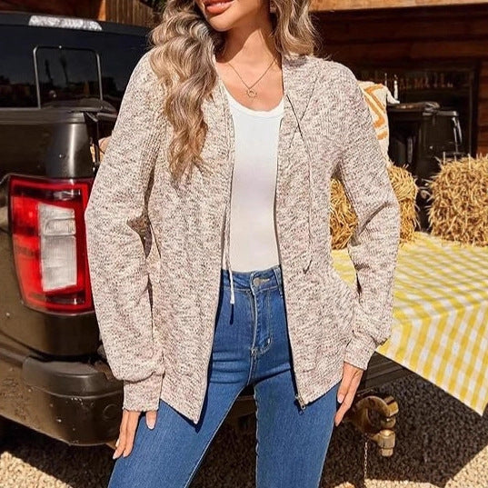 Damen Leichter Strick-Kapuzencardigan mit durchgehendem Reißverschluss und Eingrifftaschen – Veloura
