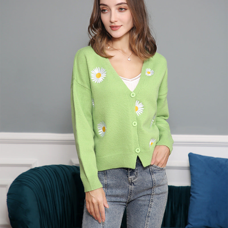 Damen Kurzgeschnittener V-Ausschnitt-Strickcardigan mit gestickten Gänseblümchen und Rippbündchen Echo Archiv