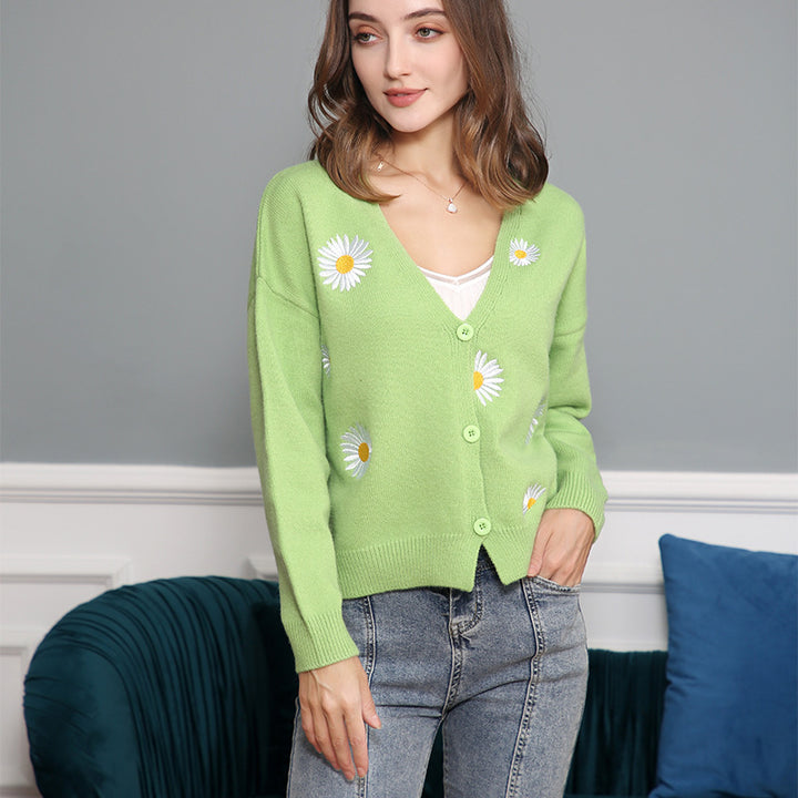 Damen Kurzgeschnittener V-Ausschnitt-Strickcardigan mit gestickten Gänseblümchen und Rippbündchen Echo Archiv
