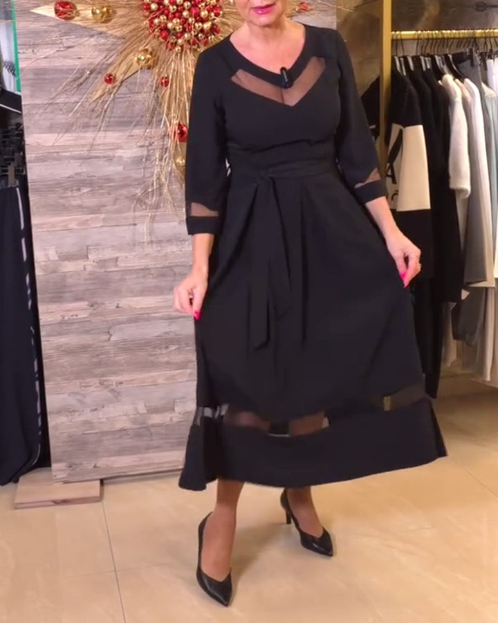 Damen nan tailliertes Midikleid mit transparenten Mesh‑Einsätzen, Bindegürtel und feminine A‑Linien Echo Archiv