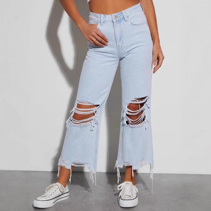 Damen nan cropped-weitjeans mit hoher Taille, ausgefranstem Saum und starkem Knee-Ripping Echo Archiv