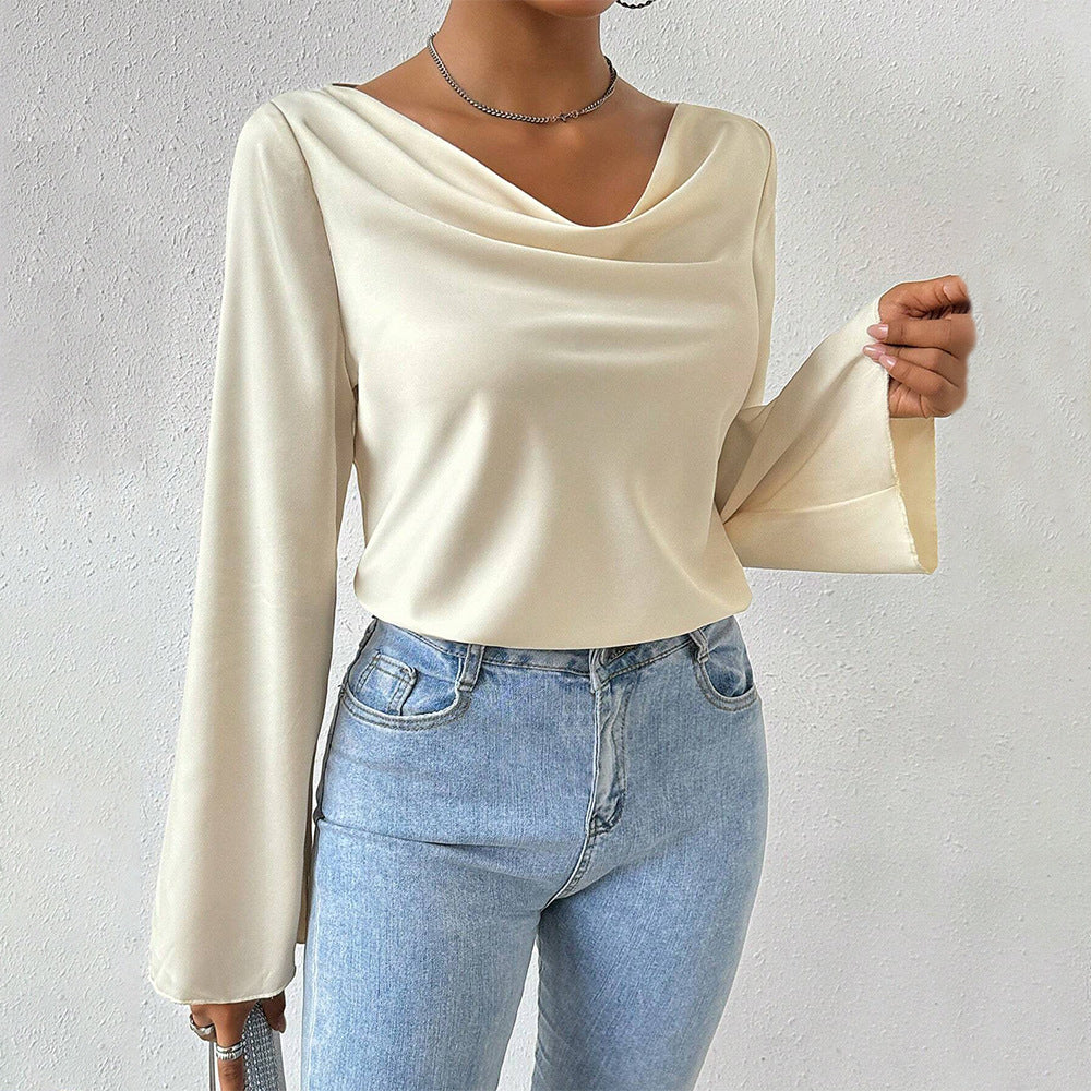Damen Bluse mit Wasserfallkragen, weiten Trompetenärmeln und fließender Satinoptik – Élovi