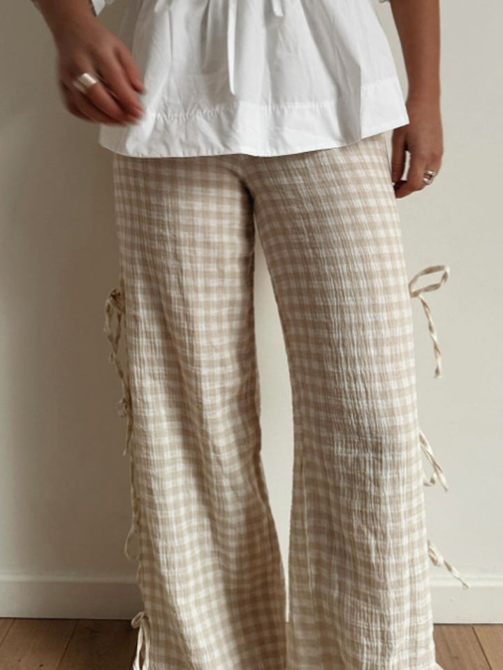 Damen High‑Waist Leinenoptik-Hose mit Gingham-Karo, weitem Bein & seitlichen Bändchen-Details Echoarchiv