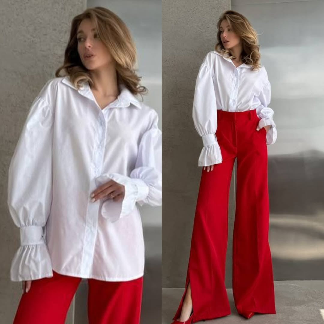 Damen Oversized-Bluse mit Volant-Manschetten und Ballonärmeln Echoarchiv