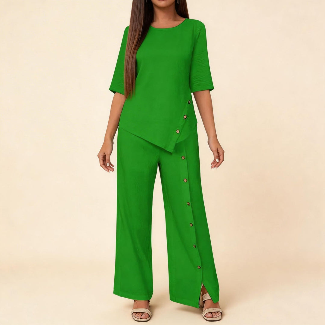 Damen asymmetrisches zweiteiliges Lounge-Set mit 3/4-Ärmeln und seitlicher Knopfverzierung Echoarchiv