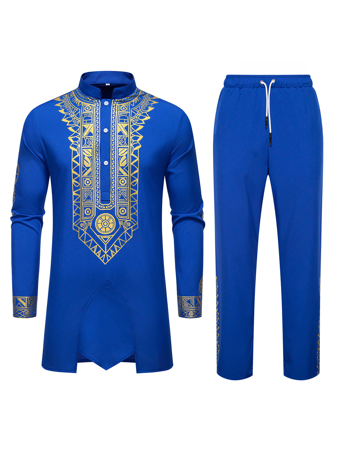 Herren Traditionelles Langarm-Kurta-Set mit Stehkragen, goldfarbenem Ornamentdruck und Tunnelzughose Echo Archiv