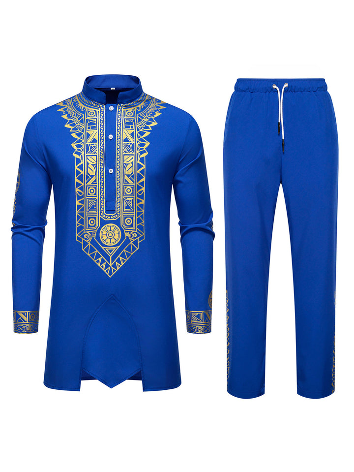 Herren Traditionelles Langarm-Kurta-Set mit Stehkragen, goldfarbenem Ornamentdruck und Tunnelzughose Echo Archiv